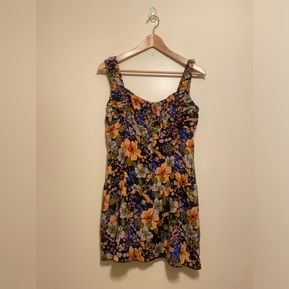 Olivaceous Black Mini Dress with Yellow & Blue Floral Print. Size L